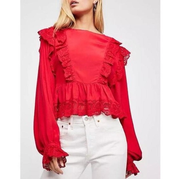 Free People Tops - Free People Take It Easy Long Sleeve Ruffle Lace Peplum Top